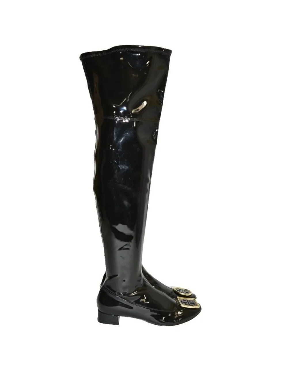 $650 TORY BURCH Over the Knee Boot ZIP PATENT BLACK GOLD LOGO 6 US  (MW1)
